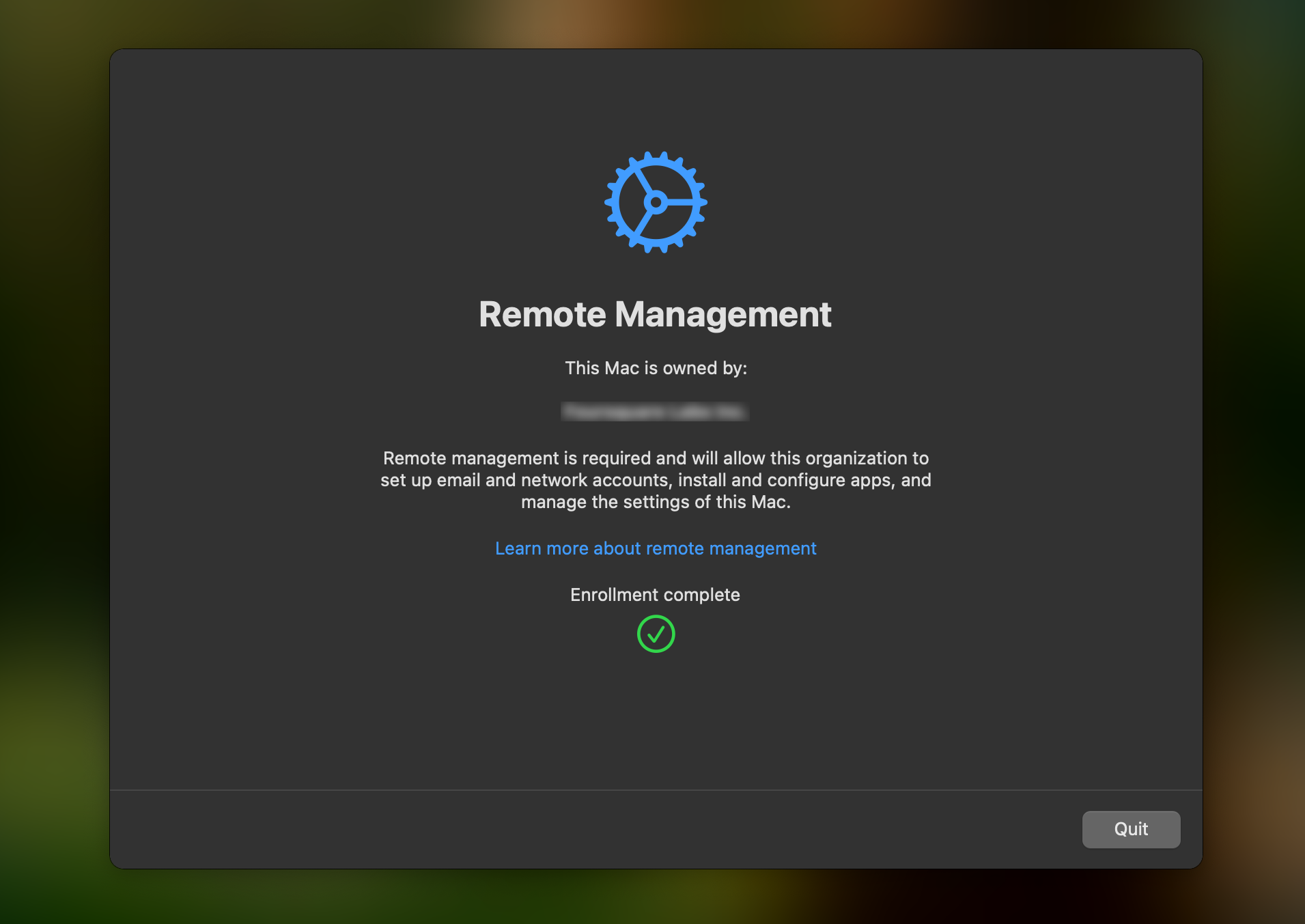 remote management enrollment screen and green checkmark completion screen