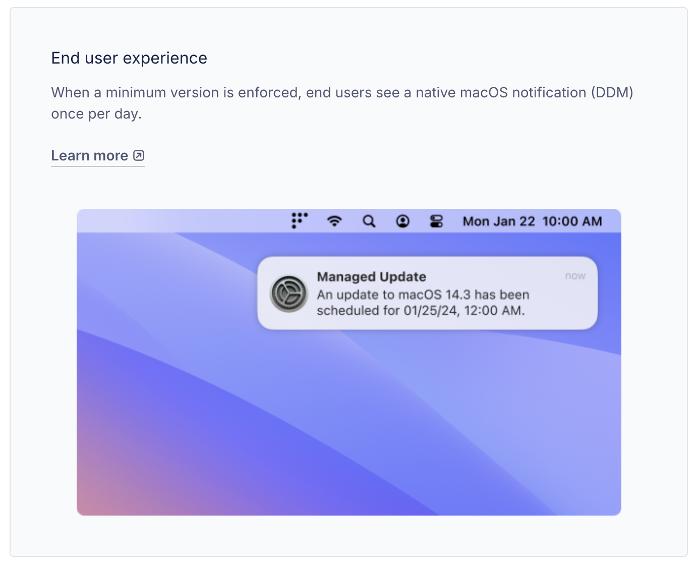 native macOS managed update notification scheduling an upgrade for a future date
