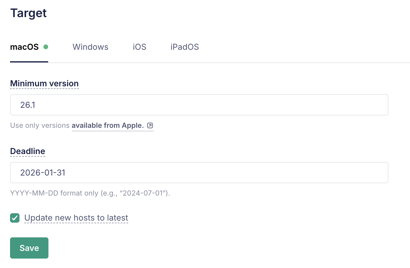 fleet target settings showing minimum macOS version 26.1, a january 31 2026 deadline, and “update new hosts to latest” enabled