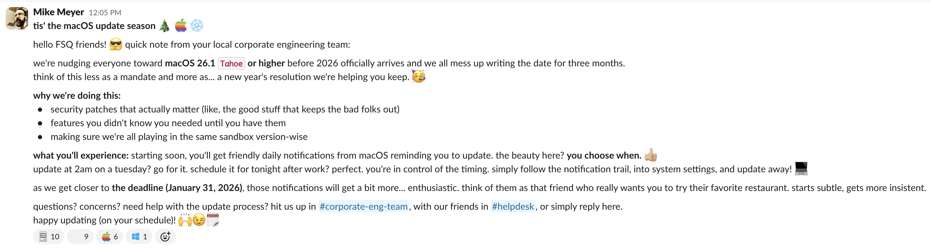 Slack message from december 1st announcing the macOS 26.1 upgrade campaign to the company