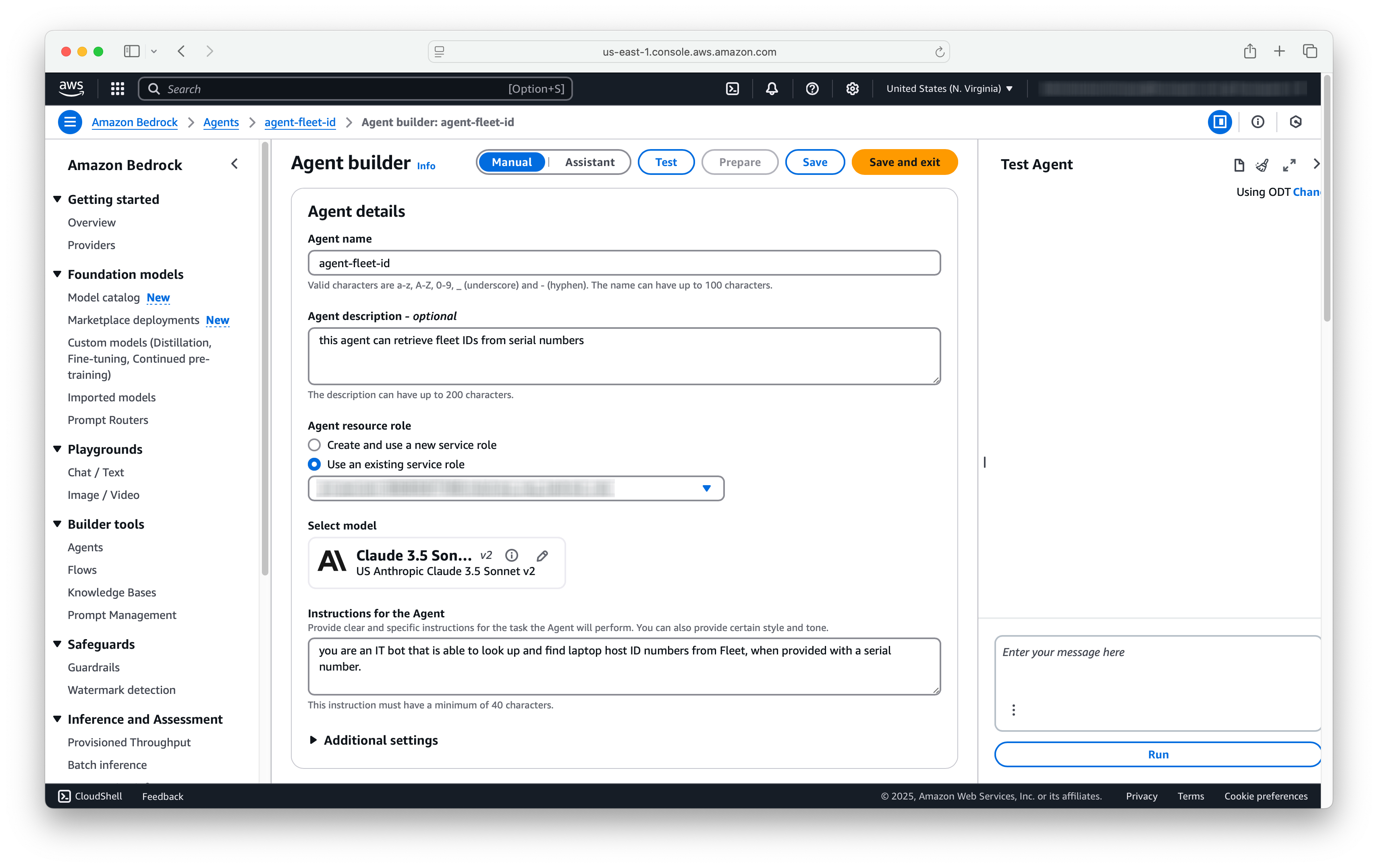the AWS Bedrock agent editor, showing the instructions field for agent-fleet-id