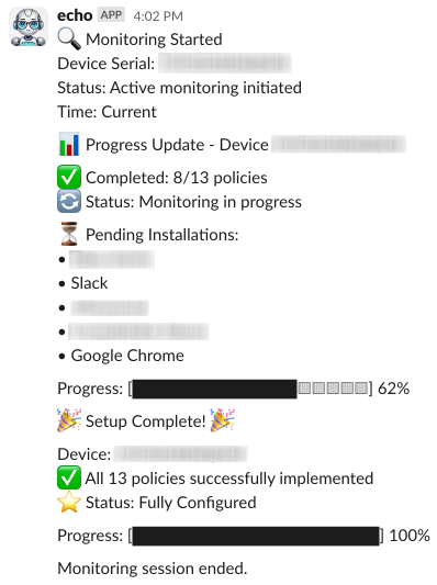 echo monitoring a device enrollment in Slack, showing progress through 13 policies